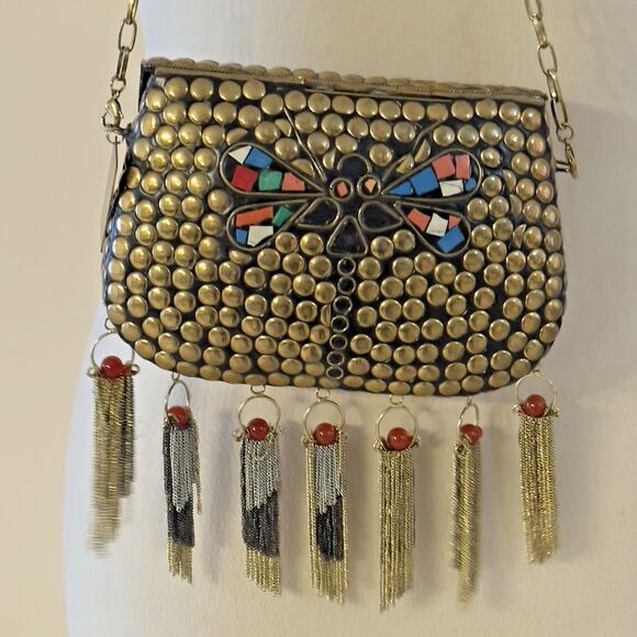 Binetti Handbags - Love Binetti Diego Metal Brass Stud Clutch Bag Mini Purse Butterfly Coral Tassel